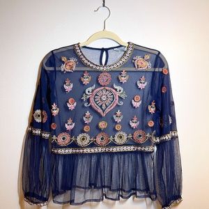 ZARA Embroidered Transparent Small Navy Blouse